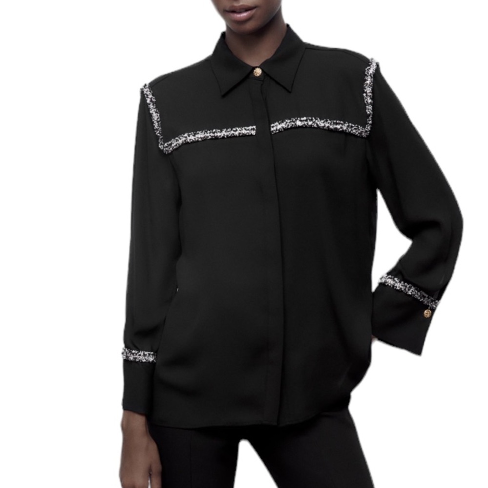 Zara Black & White Textured Combination Fringe Blouse - S